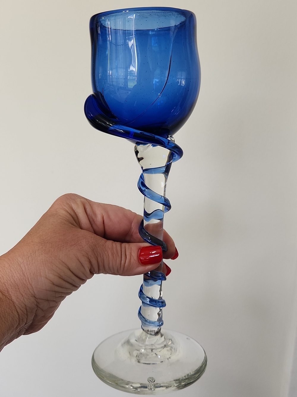 Cobalt Blue HANDBLOWN Goblet Wine Glass Swirl Stem Heavy Stunning 9"